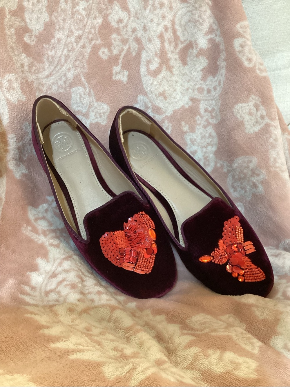 Women's Tory Burch Peace Velvet Embellished Smoking Slippers- Burgundy